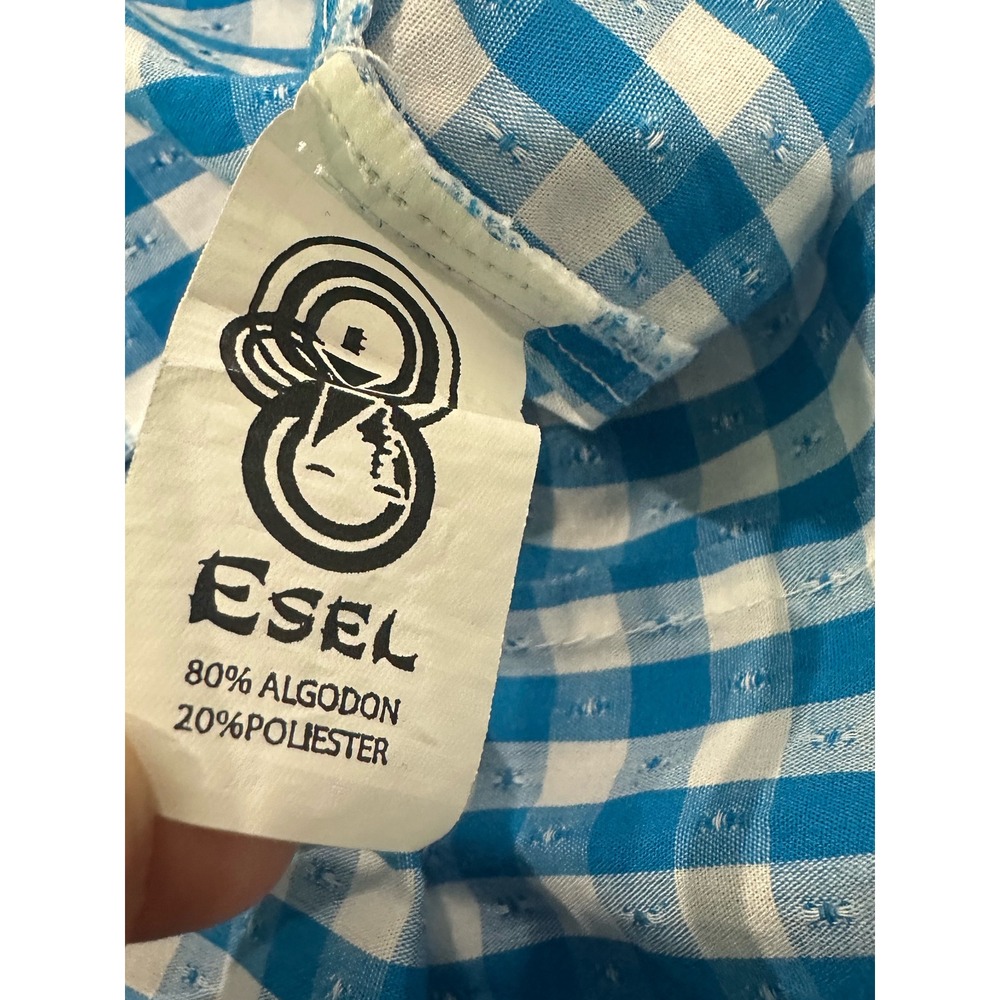 Esel Men Small Women Large Blue White Gingham Check Dobby Button Down Shirt - Picture 6 of 7